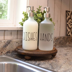 Kitchen Sink Set Farmhouse Sink Bottles Dishes Hands Soap Pump Glass Bottle