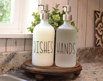 Kitchen Sink Set Farmhouse Sink Bottles Dishes Hands Soap Pump Glass Bottle