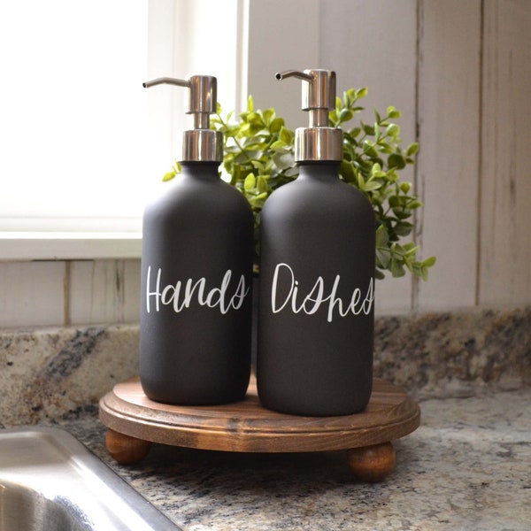 Black Glass Soap Dispenser Fancy Script Kitchen Soap Farmhouse Decor Hand soap Dish Soap Bathroom Soap