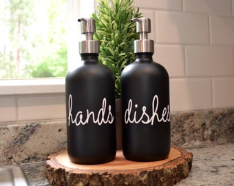 Black Glass Soap Dispenser Cursive Script Kitchen Soap Farmhouse Decor Hand soap Dish Soap Bathroom Soap