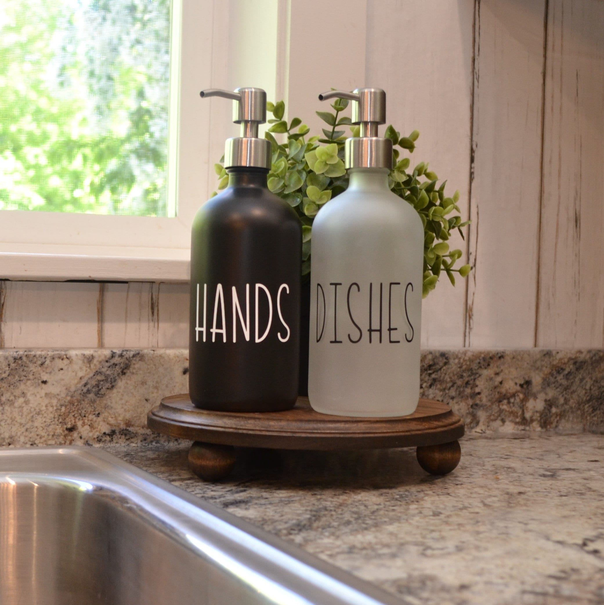 Glass Soap Dispenser Set With Tray & Brush - Farmhouse Style, Rustproof Pump, For Kitchen Or Bathroom (Black)