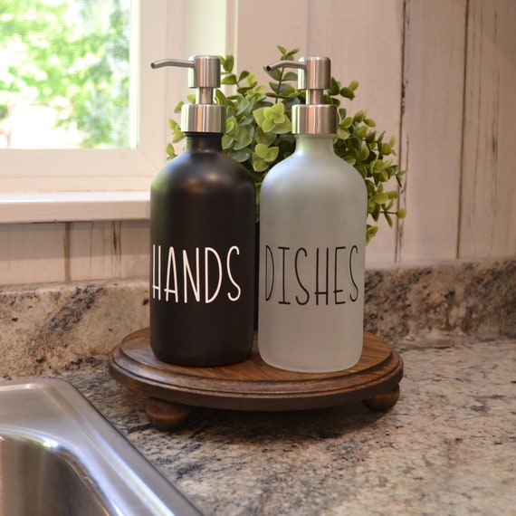 Kitchen Sink Set Farmhouse Sink Bottles Dishes Hands Soap Pump Glass Bottle  