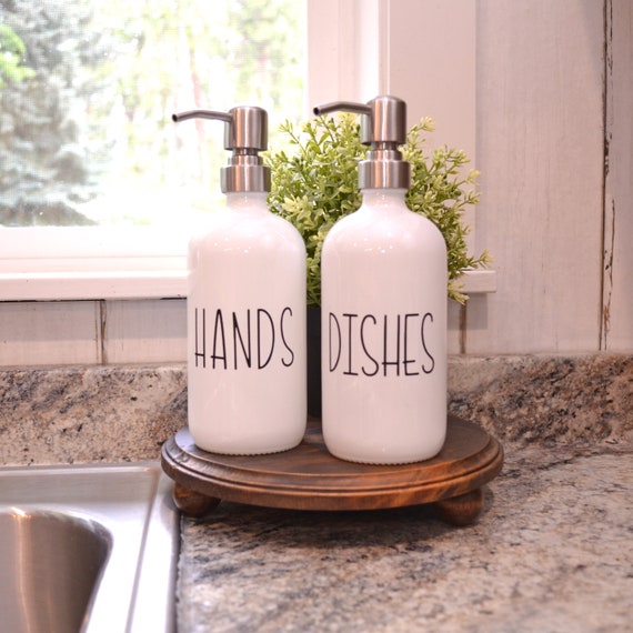 Kitchen Sink Set Farmhouse Sink Bottles Dishes Hands Soap Pump