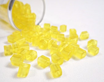 7 Grams of Czech Glass Cube Beads, Translucent Matte Yellow
