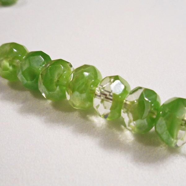 50 Czech Glass Rondelle Shaped Faceted Beads, Givre Two-Tone Green and Clear, 5x8mm