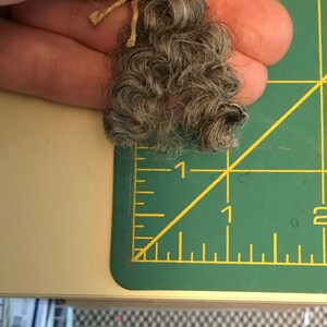 May include: A small, gray, curly doll wig, approximately 1 inch in length, with a natural fiber string attached. The wig is held against a green cutting mat with yellow markings.