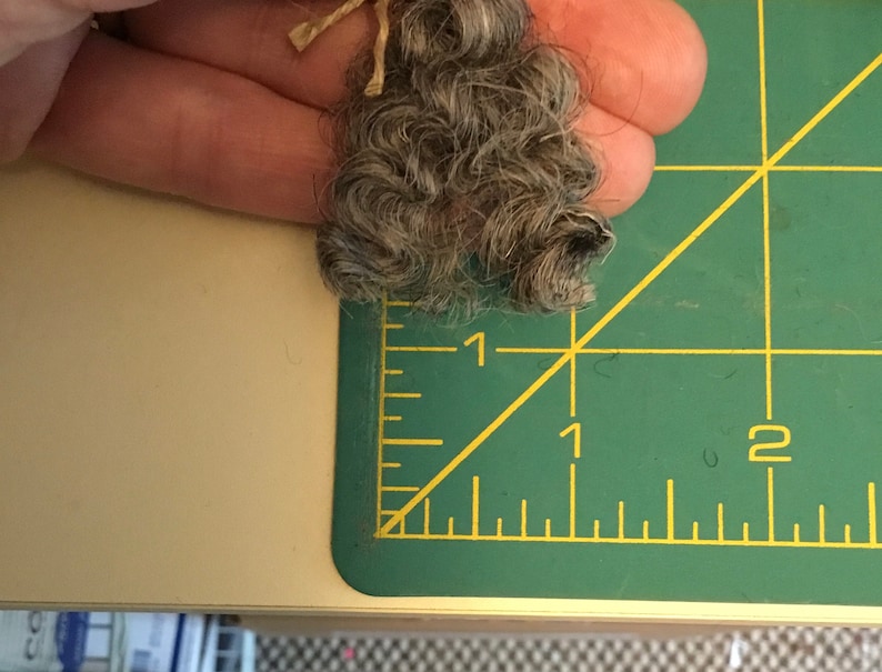 May include: A small, gray, curly doll wig, approximately 1 inch in length, with a natural fiber string attached. The wig is held against a green cutting mat with yellow markings.