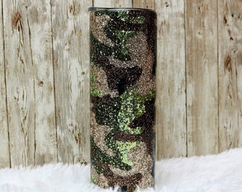 Glitter camo tumbler cup, military mom gift, camo bridesmaid gift, hunting gift for women, birthday gift for her, teenage girl gifts