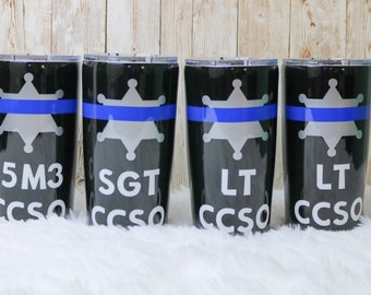 Thin blue line tumbler, police officer gift for men, job anniversary, law enforcement appreciation, iced coffee cup, custom travel mug