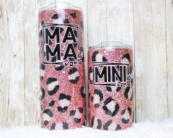 mama and mini tumbler set, pink leopard glitter tumbler cups, Friendship gift for toddler girls, birthday gifts for new moms, mommy and me