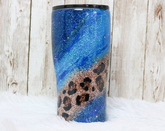 Personalized leopard tumbler glitter tumbler with straw, iced coffee cup, birthday gifts for teenage girls, blue ombre tumbler, Friendship