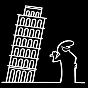 May include: A black and white line drawing of a person standing in front of the Leaning Tower of Pisa.