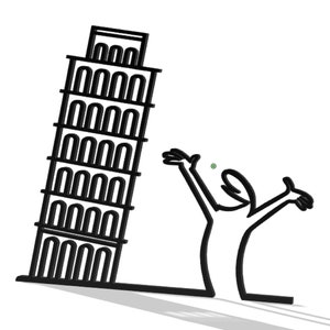 May include: A black and white line drawing of a person with arms outstretched looking up at the Leaning Tower of Pisa.