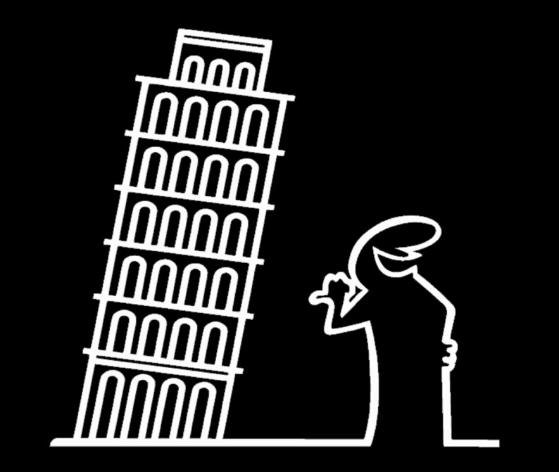 May include: A black and white line drawing of a person standing in front of the Leaning Tower of Pisa.