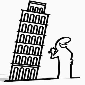 May include: A black and white line drawing of a person standing next to the Leaning Tower of Pisa.
