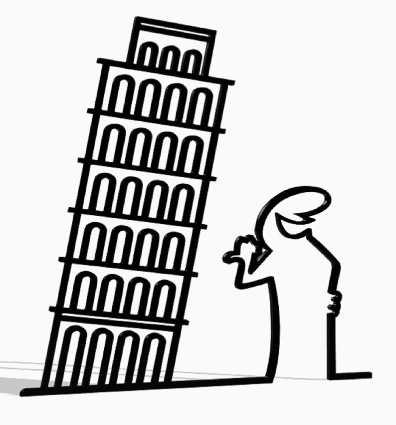 May include: A black and white line drawing of a person standing next to the Leaning Tower of Pisa.