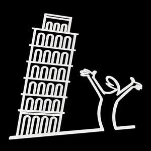 May include: A black and white line drawing of a person with arms raised in the air, standing in front of the Leaning Tower of Pisa.