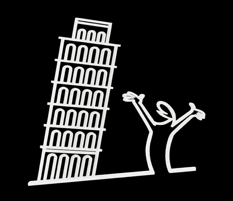 May include: A black and white line drawing of a person with arms raised in the air, standing in front of the Leaning Tower of Pisa.