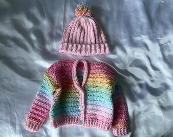 Rainbow Baby cardigan And beanie hat set luxury handmade super soft babies winter wear baby shower gift gender reveal newborn essentials