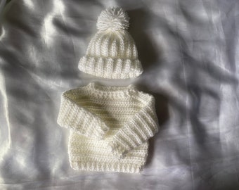 Handmade Baby jumper And hat set soft winter wool pull over jumper and beanie hat  luxury children's wear baby gift preemie up to 2 years