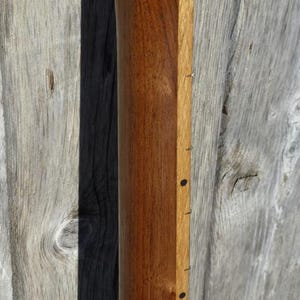 May include: Close-up of the back of a guitar neck. The neck is made of dark wood with a light wood inlay down the centre. The neck has a white nut and black dots as position markers.