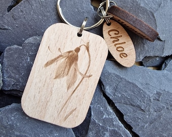 Bluebell Engraved Beech Wood Keyring: Personalized Floral Keychain