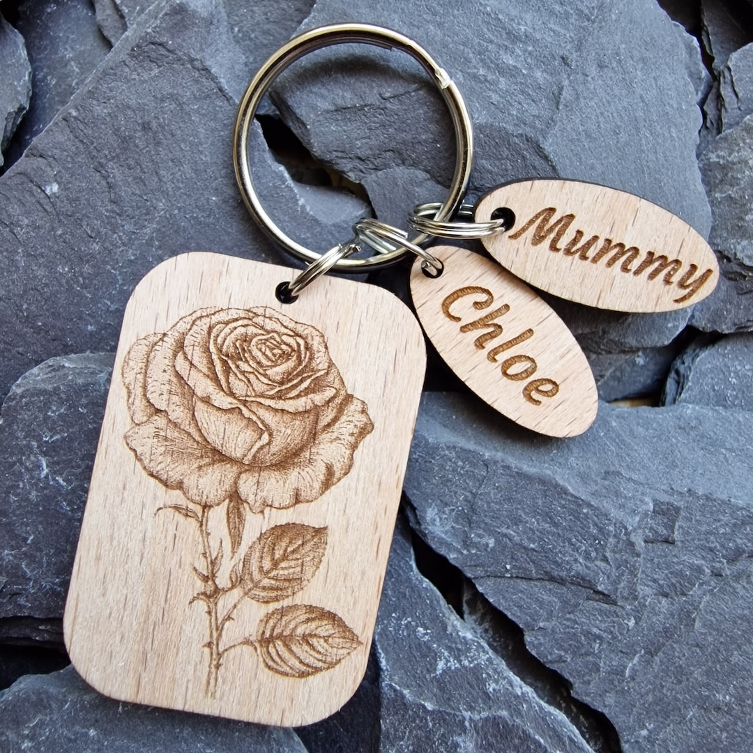 Key Ring Present Personalized Rose Wooden Engraved Keyring, Flower Keychain for Nature ...