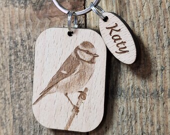 Personalized Blue Tit Wooden Keyring | Laser Engraved for a Personal Touch | Customizable Key Ring