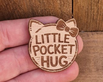 Engraved Wooden Pocket Hug Cat Token - Personalized Keepsake