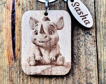 Engraved Baby Rhino Keychain – Handmade Beech Wood, Personalized Gift