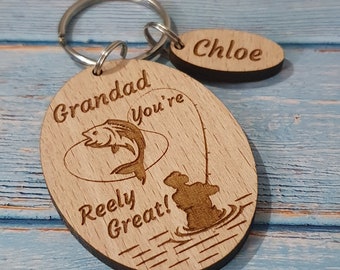 Personalized Fishing Keyring, Beech Wood Gift for Dad