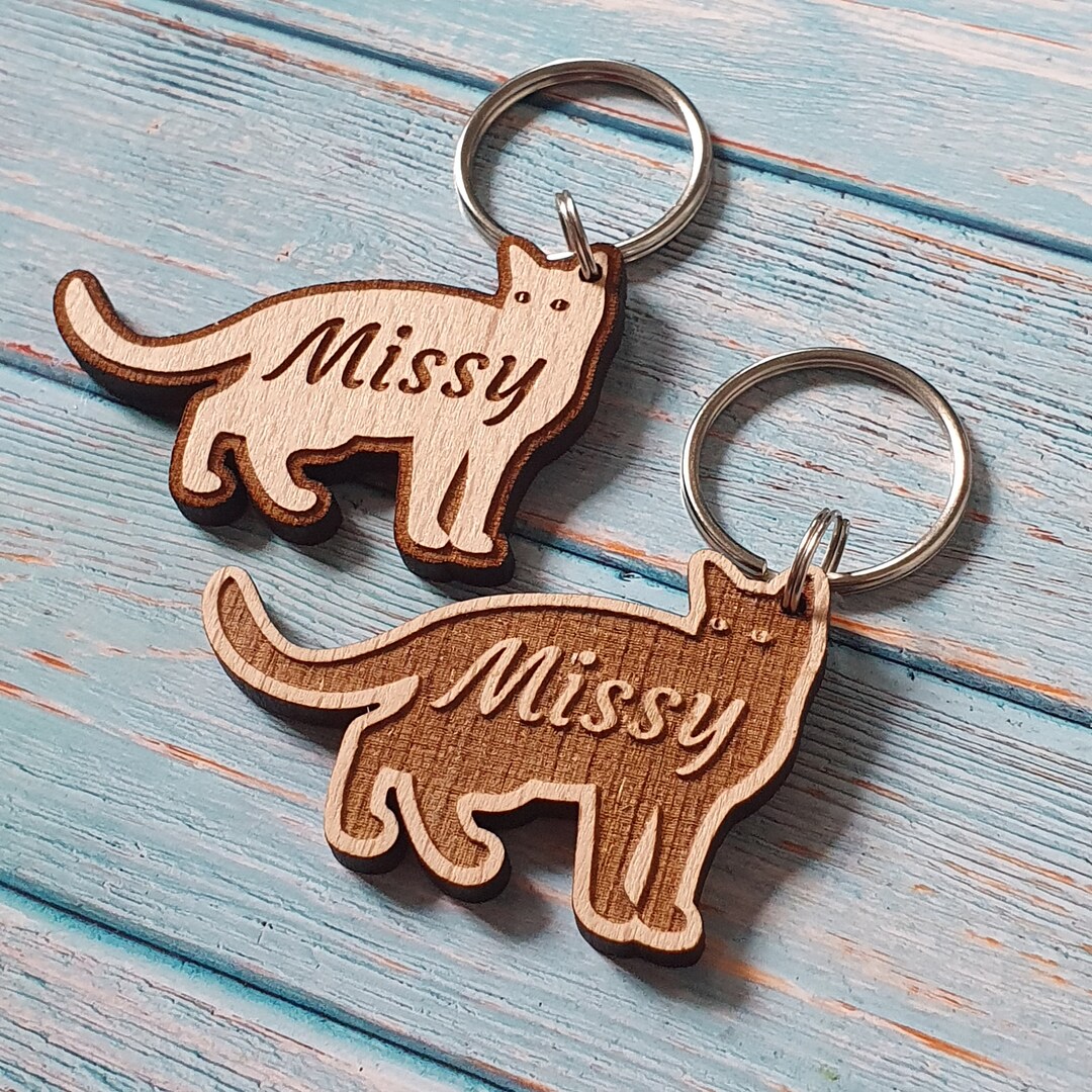 Personalised Wooden Cute Cat Keyring, Gift for Him or Her, Cat Dad, Cat ...