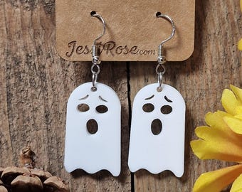 Cute Ghost Dangle Earrings - Halloween Acrylic Jewelry, 925 Silver Hooks