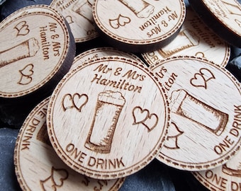 Personalized Beech Wood Beer Drink Token Wedding Favors