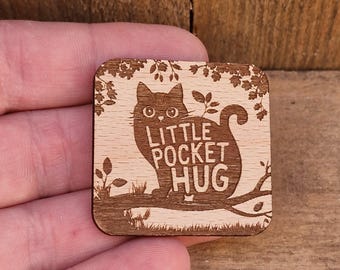 Engraved Beech Wood Pocket Hug Cat Token - Personalized Keepsake