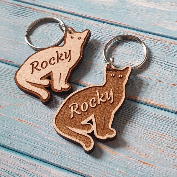 Personalised Wooden Cute Cat Keyring, Gift for Him or Her, Cat Dad, Cat Mum, Custom Name or Word