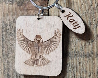 Personalized Blue Tit Wooden Keyring | Laser Engraved for a Personal Touch | Customizable Key Ring