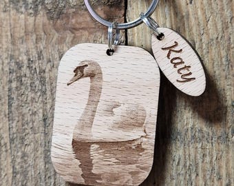 Personalized Swan Wooden Keyring | Laser Engraved for a Personal Touch | Customizable Key Ring