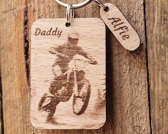 Personalized Motorcycle Racing Wooden Keyring - Engraved Beech Wood Gift