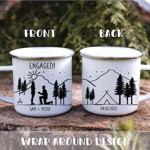 Engaged Couple Personalized Camp Mug || hiking mug, campfire mug, customizable enamel mug, engagement gift, wedding gift, outdoor woods