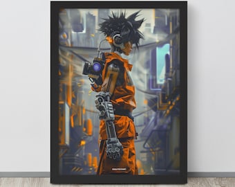 Anime Cyborg Warrior, Framed Poster, Wall Art, Futuristic, AI-Generated, Art Print