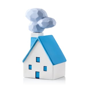 May include: A white and blue decorative house figurine with a blue roof, chimney, and window and door frames. The chimney has a light blue smoke design. The house is a charming, minimalist design.