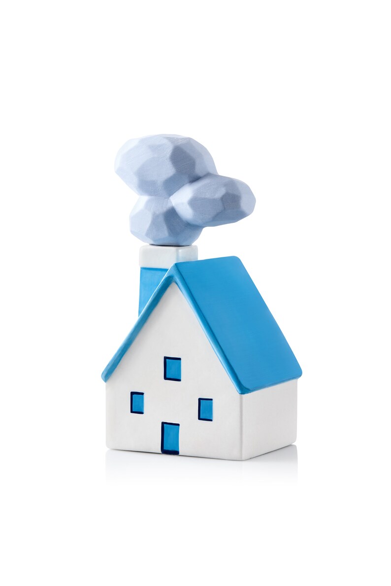 May include: A white and blue decorative house figurine with a blue roof, chimney, and window and door frames. The chimney has a light blue smoke design. The house is a charming, minimalist design.