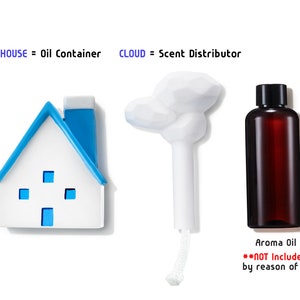 May include: An image featuring a white house-shaped oil container with blue detailing, a white cloud-shaped scent distributor, and a brown aroma oil bottle with a black cap. The image text reads "HOUSE = Oil Container" and "CLOUD = Scent Distributor."