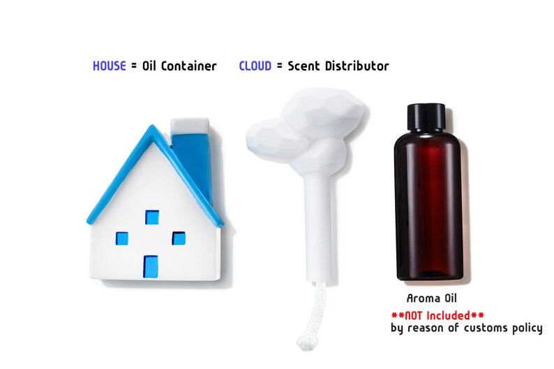 May include: An image featuring a white house-shaped oil container with blue detailing, a white cloud-shaped scent distributor, and a brown aroma oil bottle with a black cap. The image text reads "HOUSE = Oil Container" and "CLOUD = Scent Distributor."