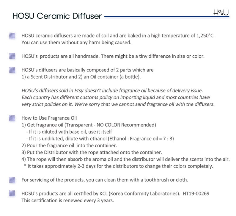 May include: An information sheet for HOSU Ceramic Diffusers. The text describes the product's materials, handmade quality, and how to use them. It also mentions certification and why fragrance oil is not included.