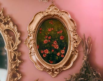 Mini Gouache Rose Painting with Vintage Gold Frame | Unique Floral Art | Handmade Cottagecore Decor