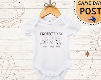 Protected By Dog Onesie, Custom Dog Breed Bodysuit, Personalised Dog Name Baby Onesie, Protected by Cat, Create your own Designs Onesie, Pet