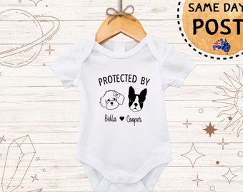 Protected By Dog Onesie, Custom Dog Breed Bodysuit, Personalised Dog Name Baby Onesie,, Baby Birthday Gift, Create your own Designs Onesie