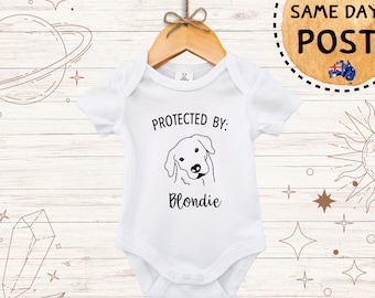 Protected By Dog Onesie, Custom Dog Breed Bodysuit, Personalised Dog Name Baby Onesie, Protected by Cat, Create your own Designs Onesie, Pet